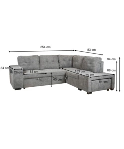 DIVANO LETTO CON PENISOLA A DESTRA BELLAHOME "GAIA" TESSUTO GRIGIO CON POUF E CONTENITORI, 254X83/194X88 CM